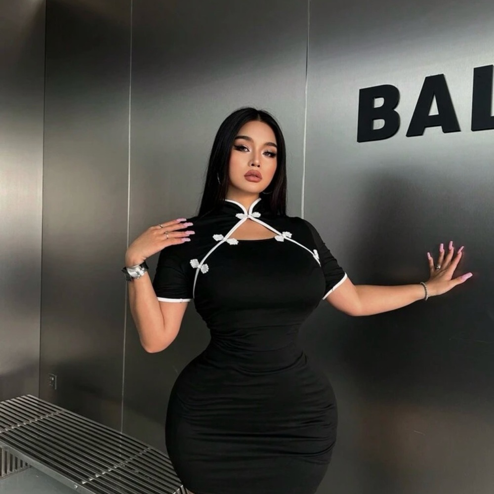Black Cheongsam Dress with White Accents